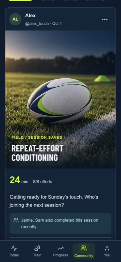 Example Ready for Touch community feed, with fictional workout posts used to demonstrate the feature.