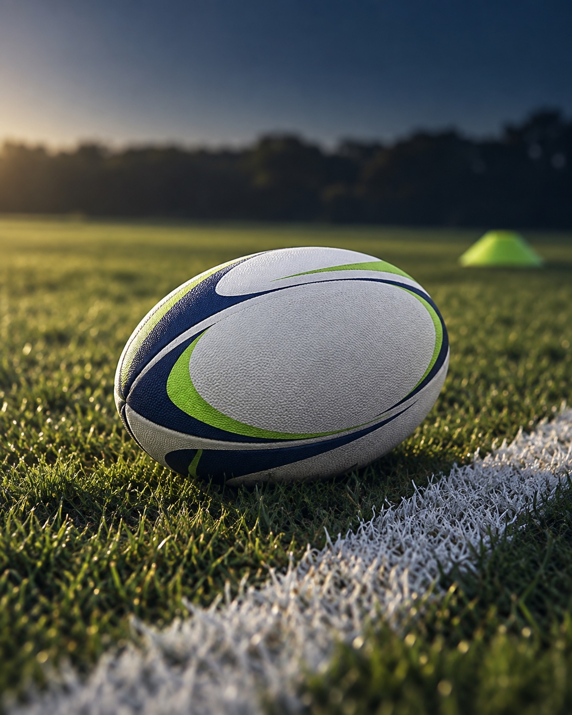 A touch rugby ball and lime cone on a marked grass pitch.